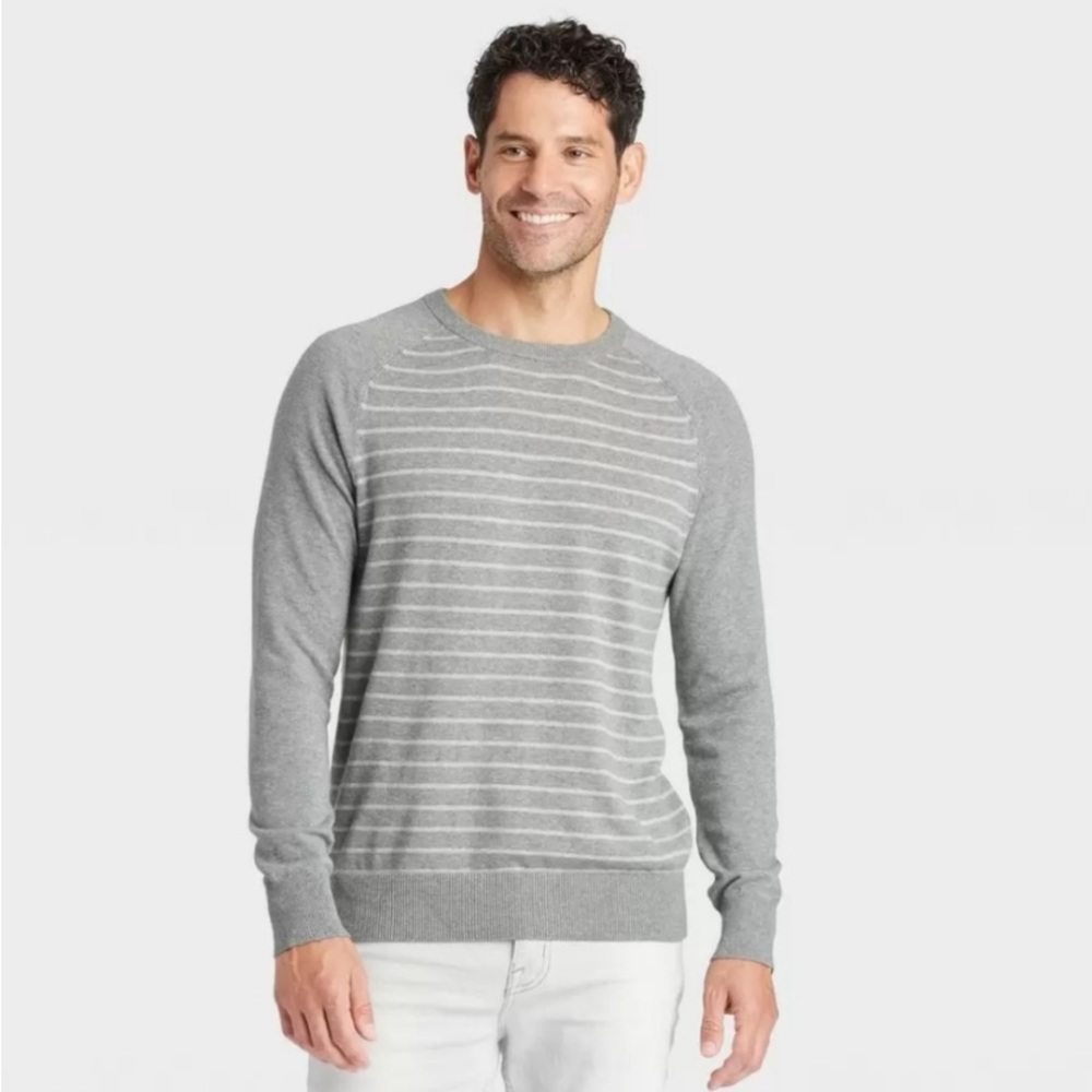 NWT New! Goodfellow Men's Crew-neck Pullover Sweater Striped Gray 100% Cotton